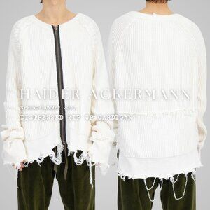 HAIDER ACKERMANN white cotton cashmere blend distressed zip up cardigan